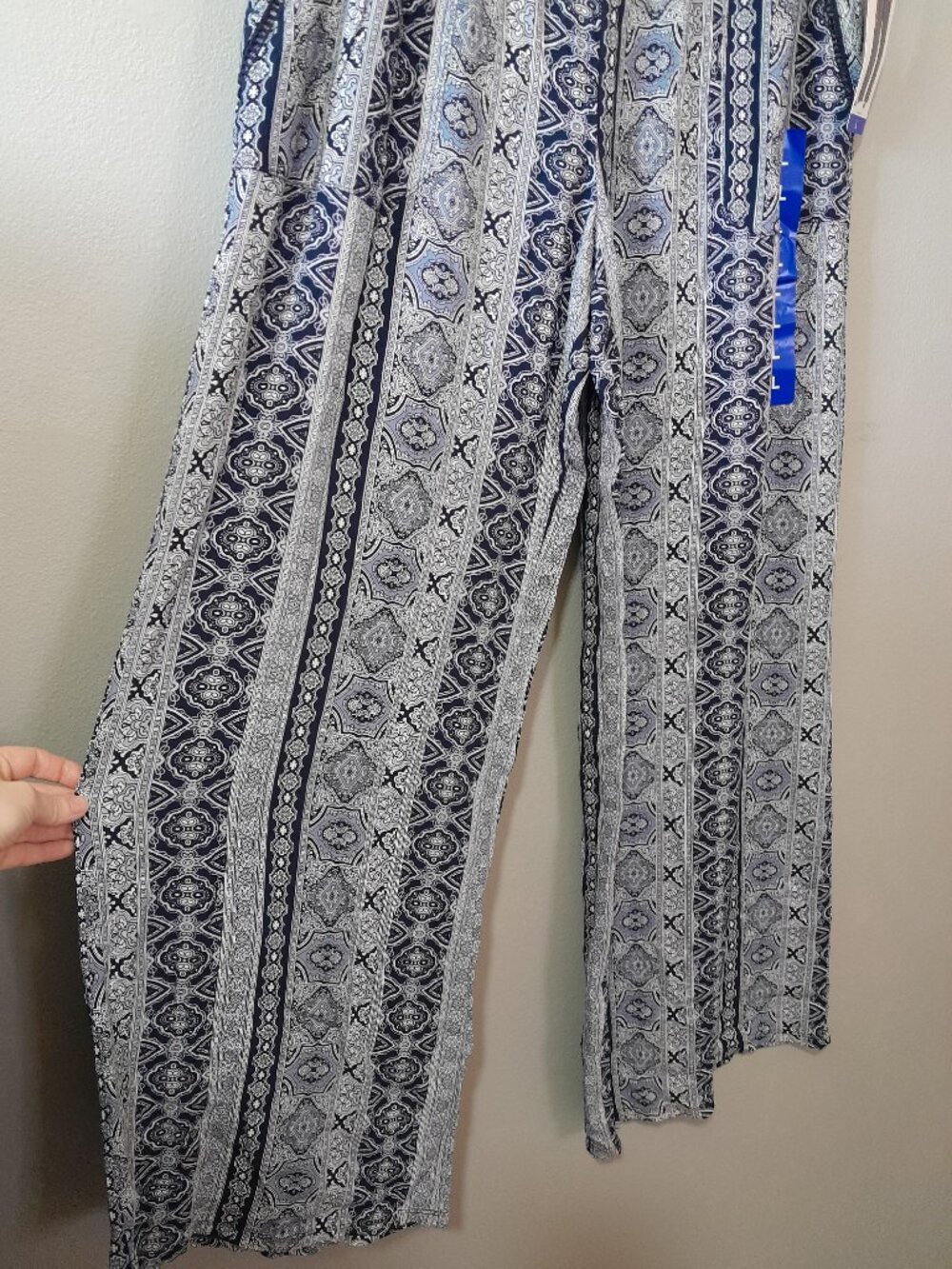 Three Dots Boho Pull On Wide Leg Flowy Blue Casual Rayon Pants Size Large - Picture 7 of 9